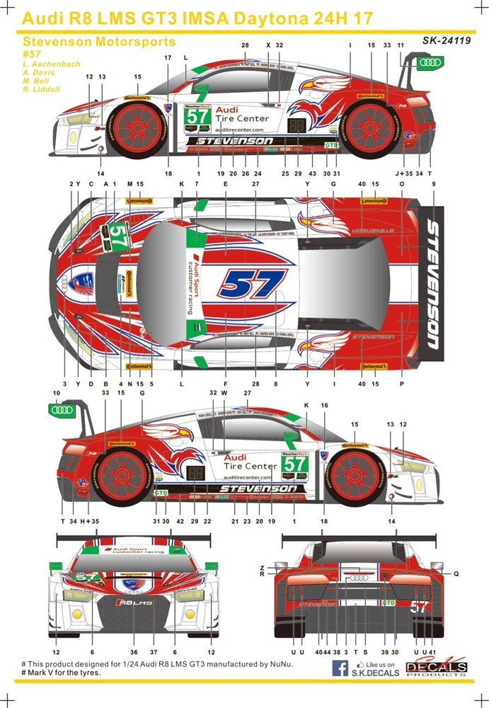 SK Decal 1/24 Audi R8 LMS GT3 Daytona 24h 2017 No.57 Full Decal for PLATZ 10109
