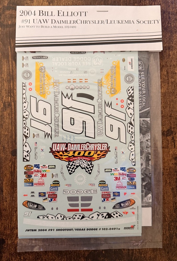 1/24 JWTBM 2004 BILL ELLIOTT #91 UAW DODGE VEGAS/LEUKEMIA BUD SHOOTOUT DECAL