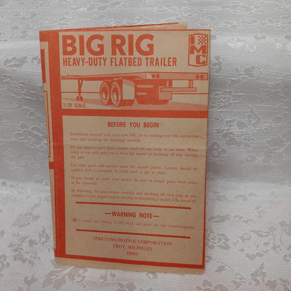Instructions ONLY IMC 1/25 Big Rig Heavy-Duty Flatbed Trailer 1965 No. 701-200