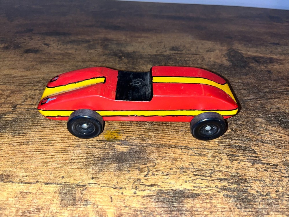 Vintage BSA 1970-80s Derby Pinewood Derby Wood 7” Model Red/Yellow Race Car 5 oz