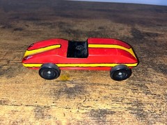 Vintage BSA 1970-80s Derby Pinewood Derby Wood 7” Model Red/Yellow Race Car 5 oz