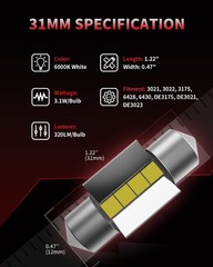 LASFIT DE3022 LED Bulb 31mm Festoon 4-Pack Canbus Error Free 6000K White Interio