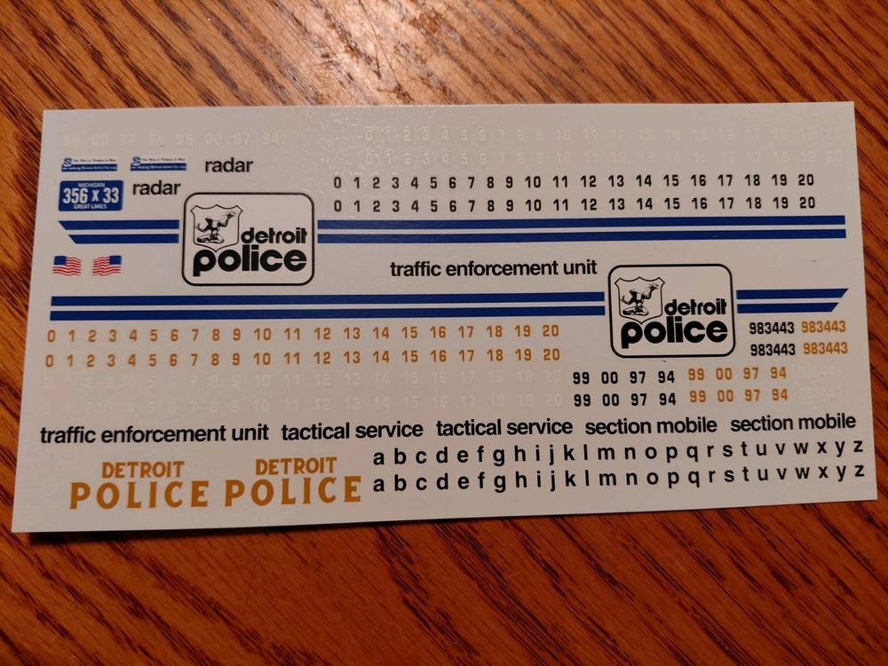 Detroit Police 1/24th Scale Model Water Slide Decals