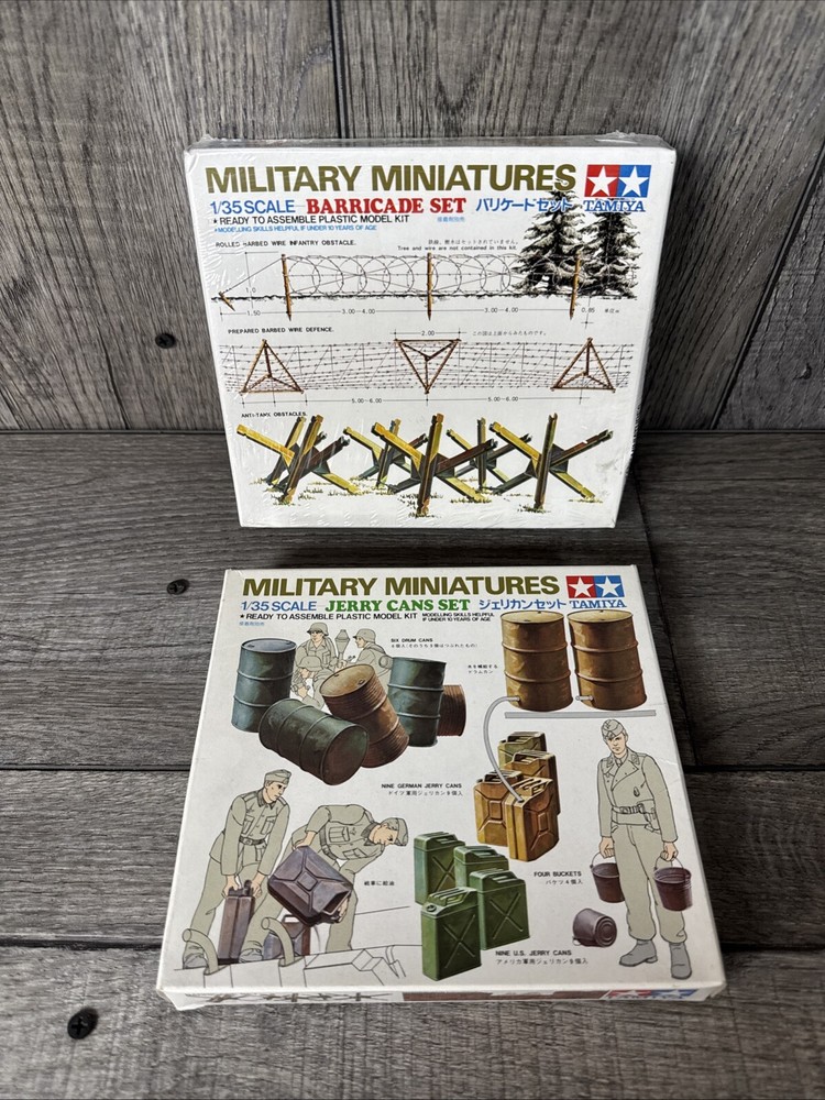 (2) Tamiya #35027 & #35026 1/35 Scale Model Kit. Barricade Set/Jerry Cans Set