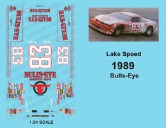 1989 – 1:24 Scale Waterslide Decals – #83 LAKE SPEED – BULLS-EYE BAR B Q