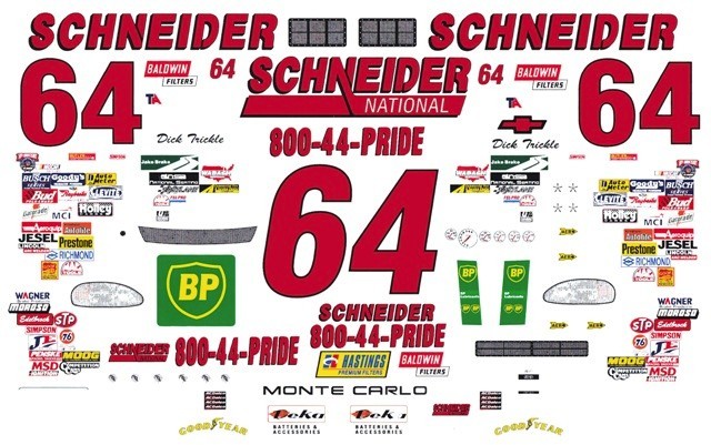 #64 Dick Trickle Schneider Trucking 1/24th – 1/25th Scale Waterslide Decals