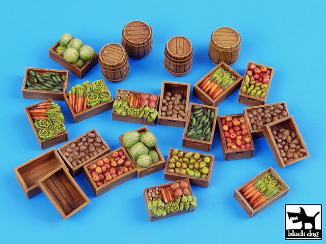 Black Dog 1/35 Various Food Supplies Wooden Vegetable Crates and Barrels T35041