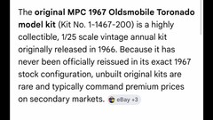 MPC 1967 Toronado 1:25 Scale Kit 1467-200 “Factory Sealed”