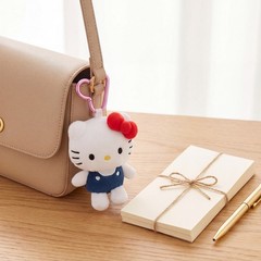 Cute White Cat Plush Bag Charm with Heart Clip
