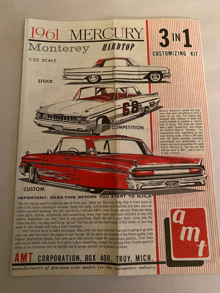 Vintage Annual AMT 1961 Mercury Monterey Ht. Model Kit Instructions Sheet