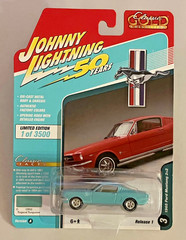Johnny Lightning 1965 Ford Mustang 2+2 Tropical Turquoise diecast car 1:64 scale