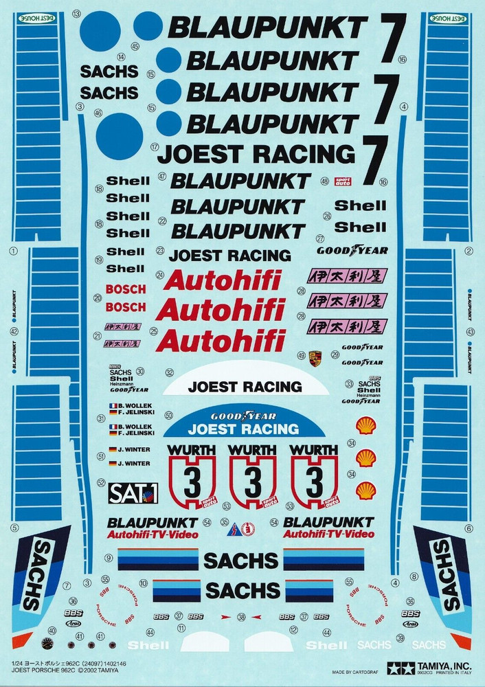Tamiya’s Decals for 1/24 JOEST PORSCHE 962C. Cartograf.Item24097 from Japan