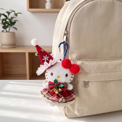 Holiday White Cat Plush Bag Charm with Festive Plaid Dress and Christmas Hat