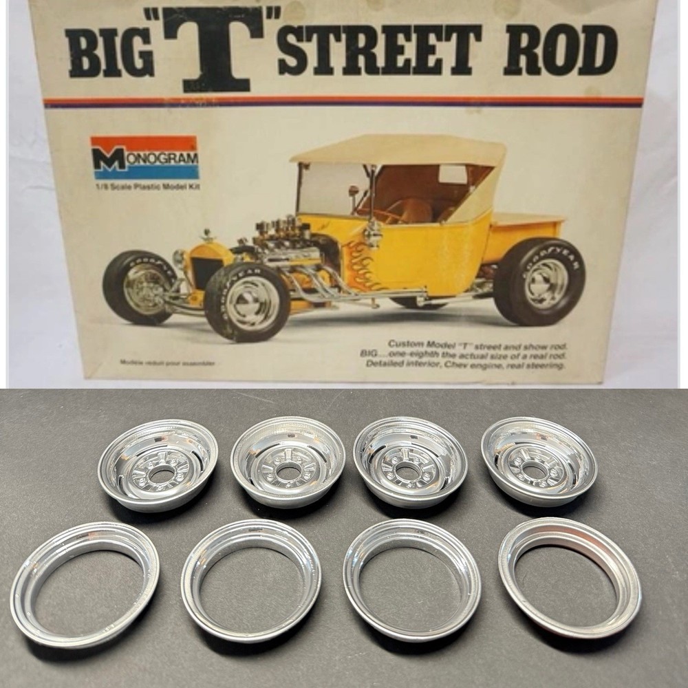 1:8 (4) Chrome Stock Steel Two Piece wheels Fits Monogram/Revell kits