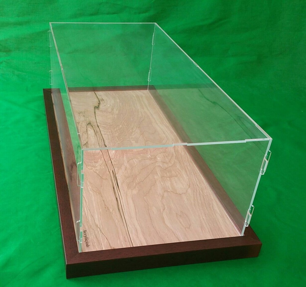29″L x 12.5″W x 11″H display case with 3/16″ thick Acrylic brown wood frame base