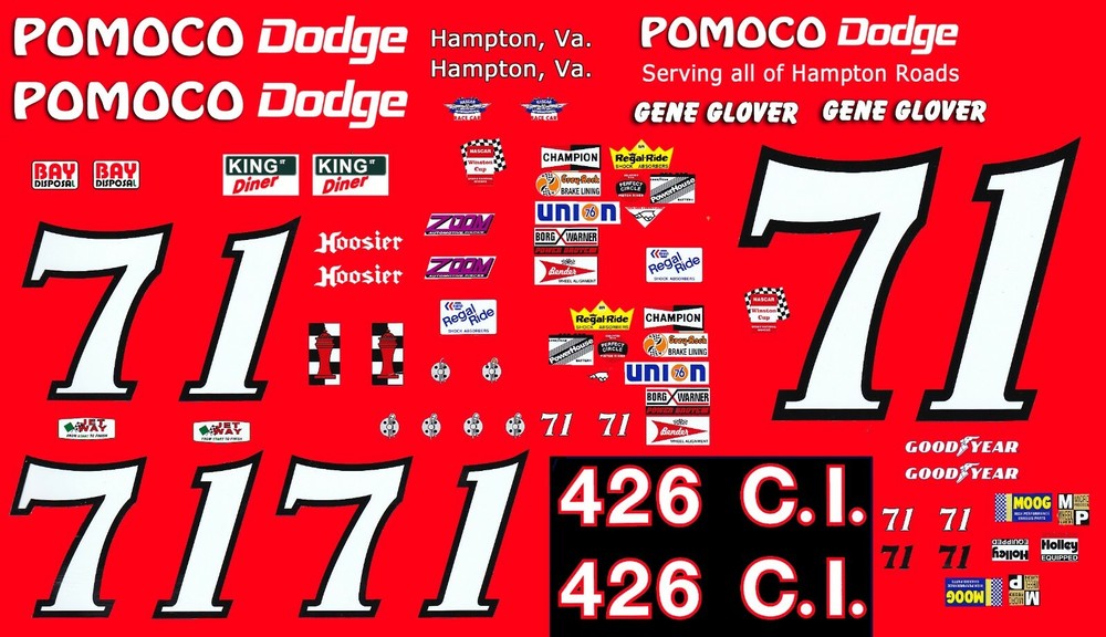 #71 Gene Glover Pomoco Dodge 1/24th – 1/25th Scale Waterslide Decals