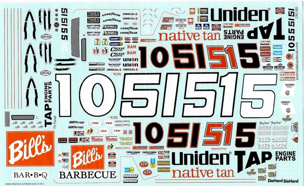 Ace Decals #10 DiGard/#51 Bill’s Bar-B-Q Greg Sacks 1/24 waterslide Nascar decal