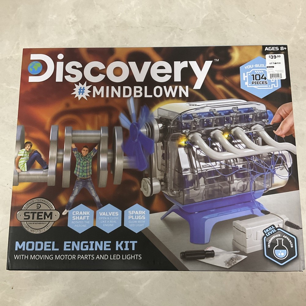 Discover Mindblown Model Engine Kit 104-Piece STEM DIY LED Working Engine NIB