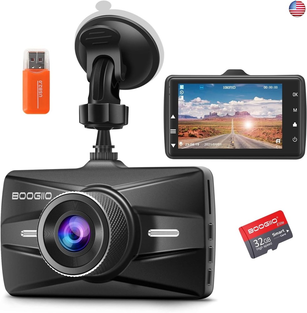 Dash Cam Front with 32G SD Card, BOOGIIO 1080P FHD Car Driving Recorder 3” IPS