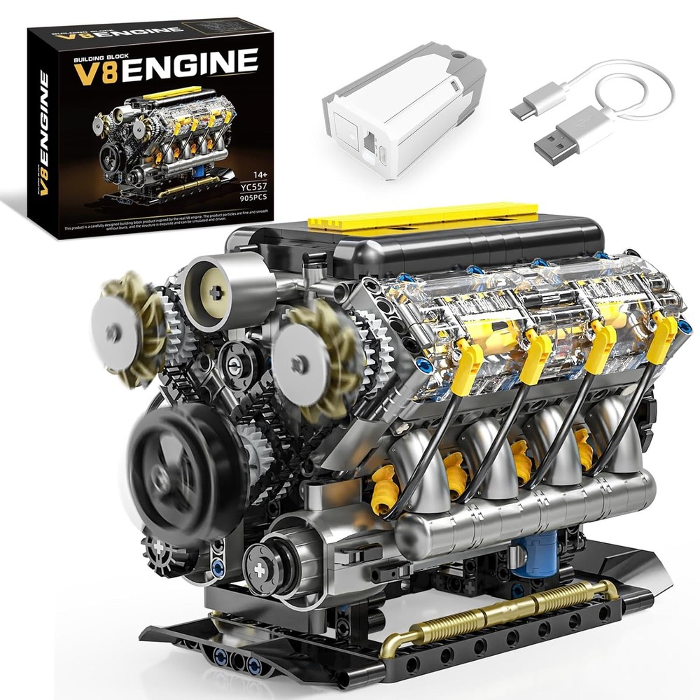 V8 Engine Model Kit with Visible Mini Car Motor Building Blocks and Working