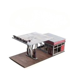 1:64 Wooden Gas Station Diorama Model Kit Handcraft Assembly Car Model Display
