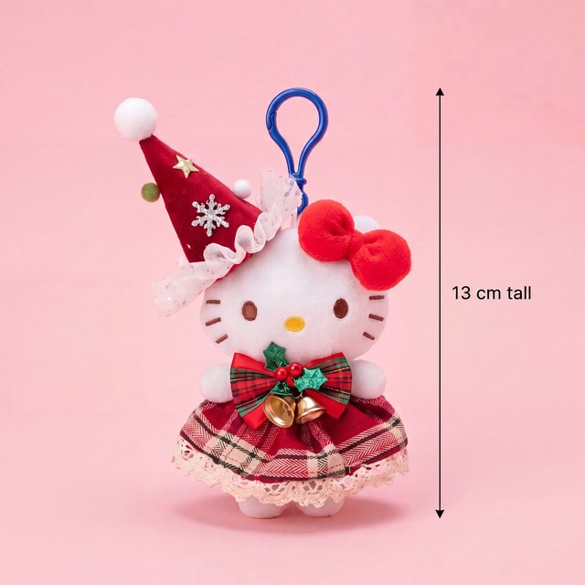 Holiday White Cat Plush Bag Charm with Festive Plaid Dress and Christmas Hat