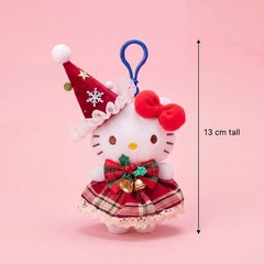 Holiday White Cat Plush Bag Charm with Festive Plaid Dress and Christmas Hat