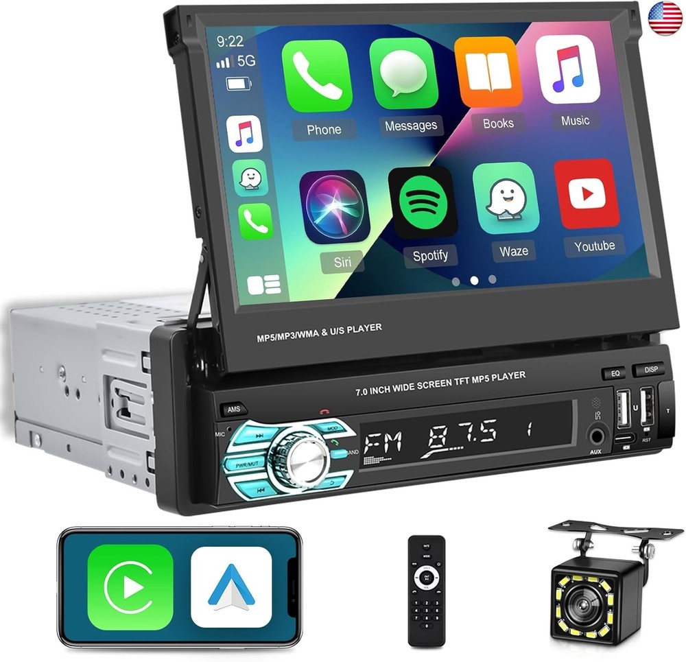 Single Din Flip Out Screen Car Stereo with Wireless Carplay and Android Auto, 7