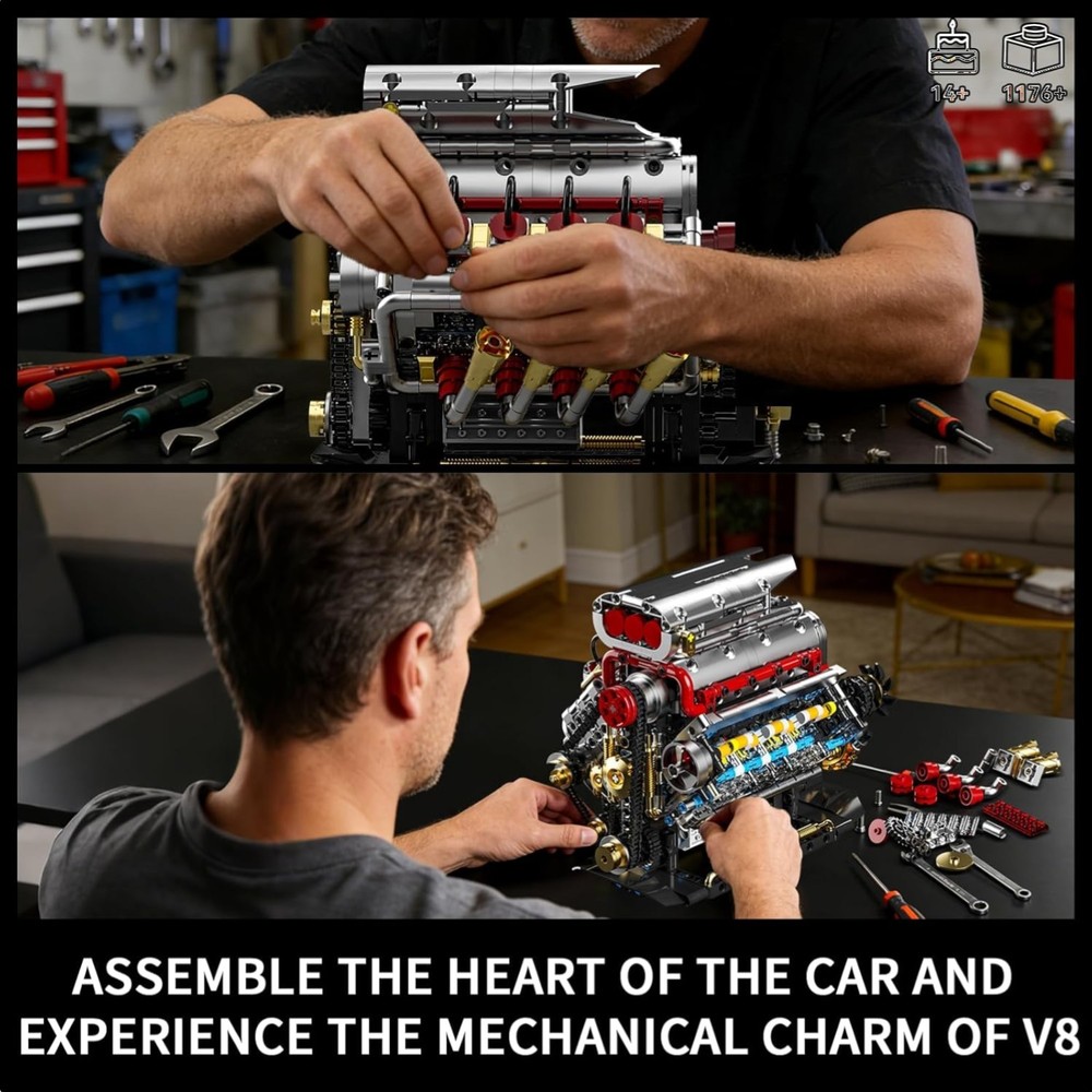 Authentic V8 Engine Model Kit – 1176 PCS with USB Rechargeable Motor for Adults