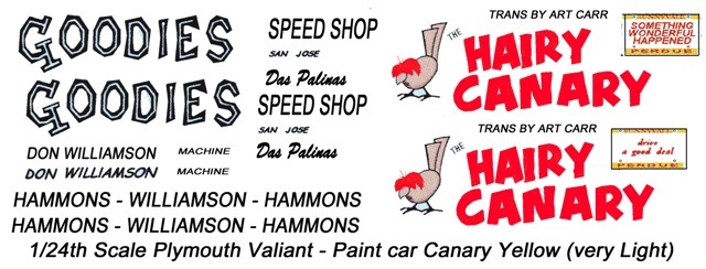 Don Williamson Hairy Canary Plymouth 1/25th – 1/24th Scale Decals NHRA Drag