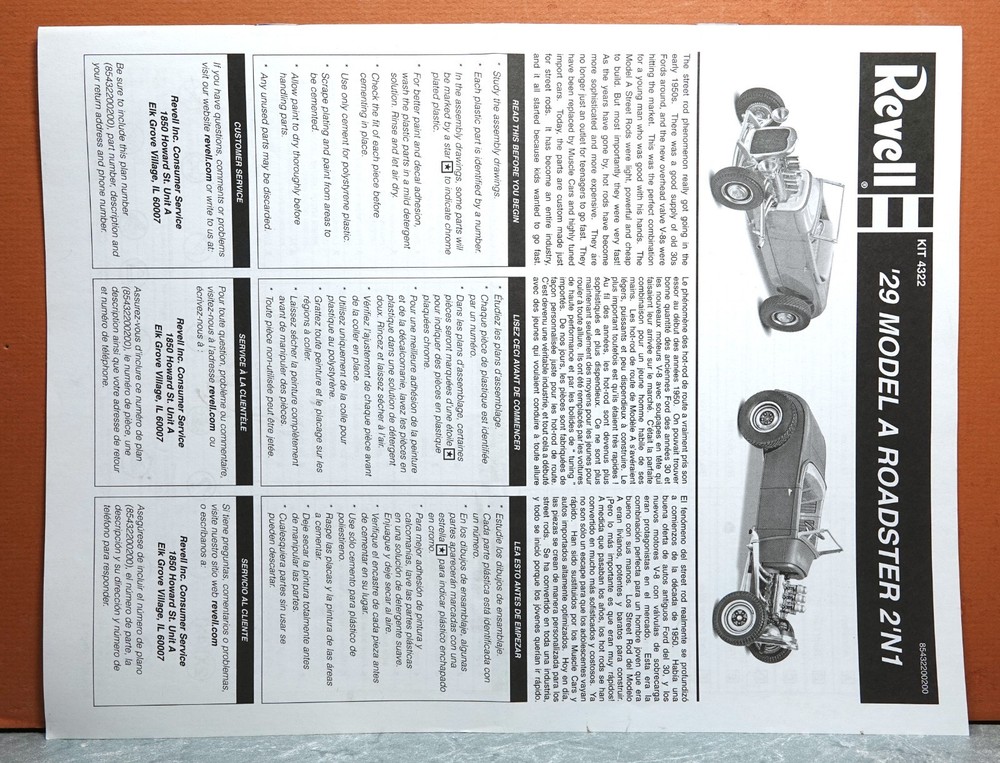 1/25 REVELL ’29 MODEL A ROADSTER 2 ‘N 1 # 4322 (INSTRUCTIONS ONLY)