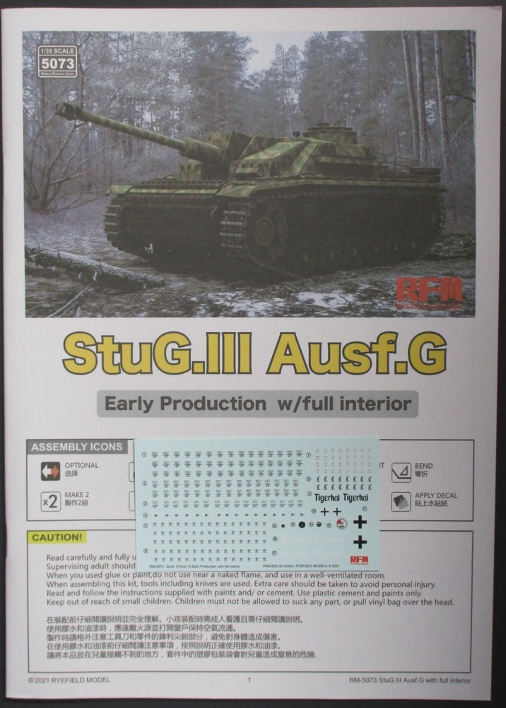 Rye Field Models 1/35th Scale Stug III Ausf G -Decals from Kit No. 5073