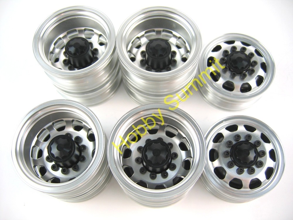B Set 1/14 R/C 3-Axle 6X4 Tractor Truck ALLOY WHEELS BLACK Rims re Tamiya