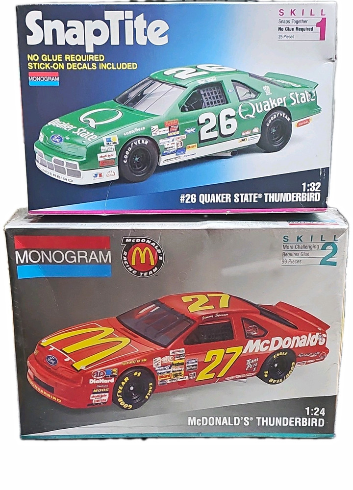 Lot Of 2 – Monogram Model Cars Skill 1 & 2. NASCAR 1:24 & 1:32 Ford Thunderbird