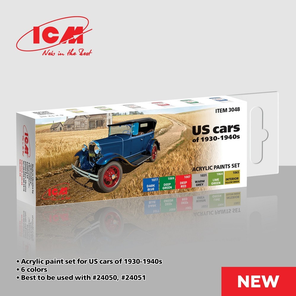 Acrylic paints set for US cars of 1930 – 1940 Grey Yellow Red Green Blue ICM3048