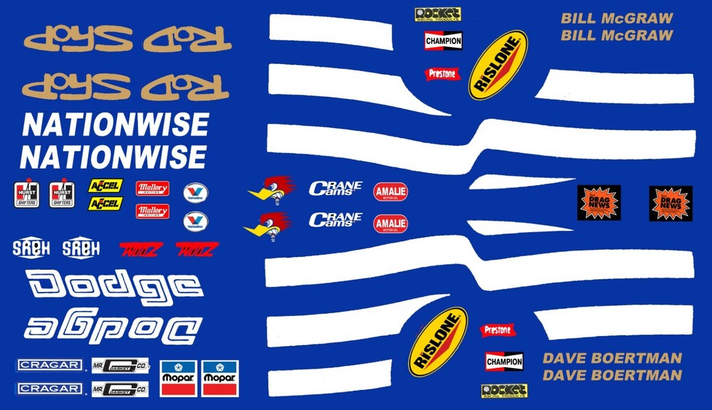 ROD SHOP DODGE Blue Car white stripes Drag 1/24th – 1/25th DECALS