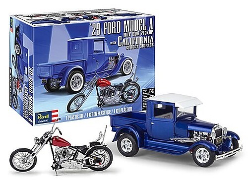 Revell 1929 Ford Model A with Chopper – Plastic Model Car and Motorcycle – 1/25