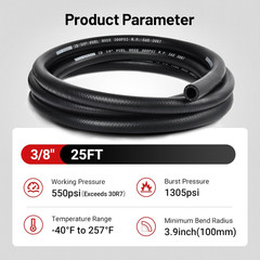 3/8 Fuel Line Kit 25FT, SAE 30R7 NBR Rubber Push Lock Fuel Hose with 14 Fitting