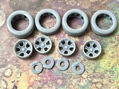1/24 Scale: 17-inch “1980’s Camaro” model car wheels W/ Wide Rear Tires . Resin