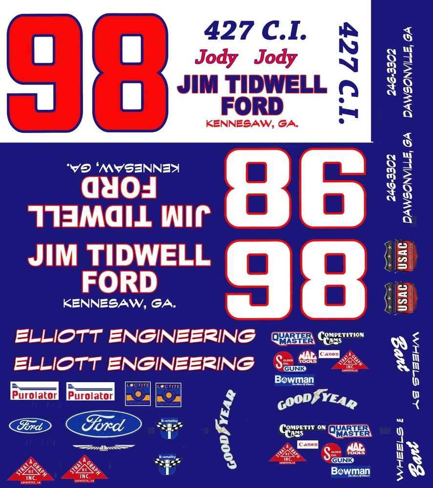 #98 Jody Ridley Mustang or Falcon 1/24th – 1/25th Scale Waterslide Decals