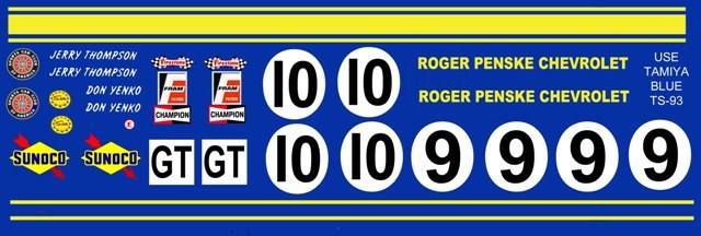#9 or #10 Penske Corvette 1963-1966 1/24th – 1/25th Scale Waterslide Decals