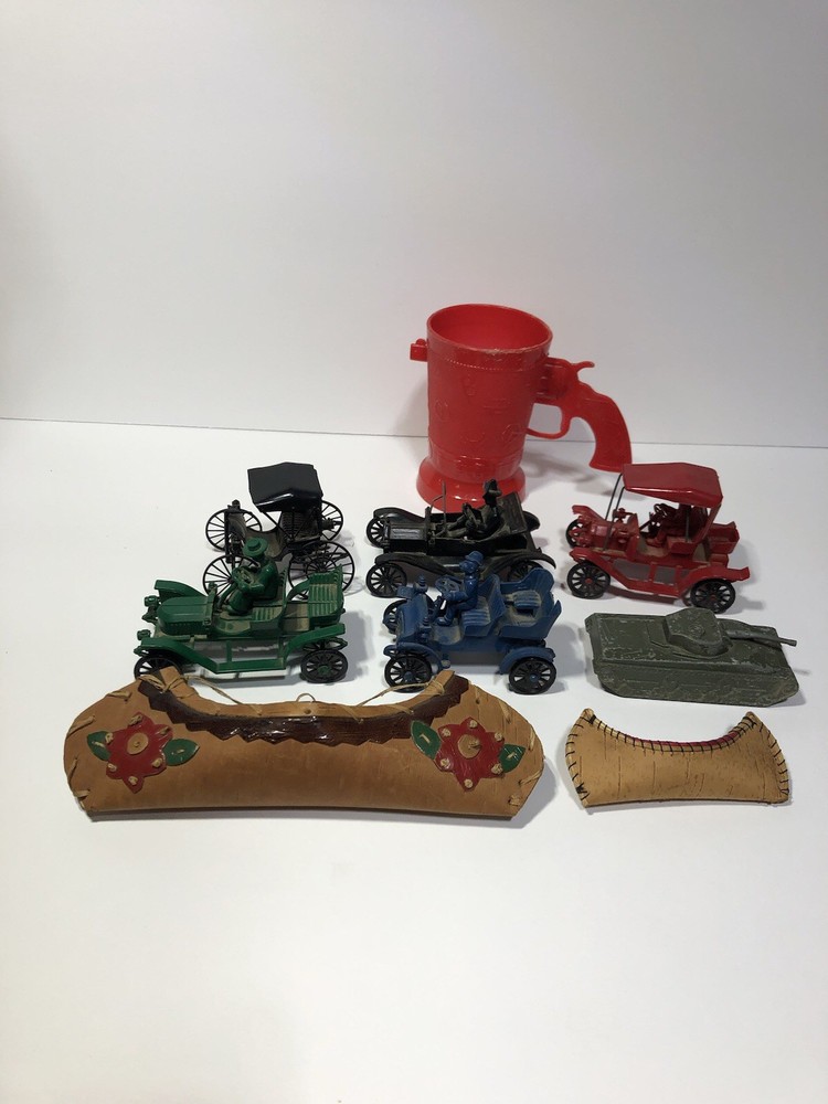 5 Vintage Miniature Toy Cars Maybe Revell, Tank, Birchbark Sovenir Canoes, Cup