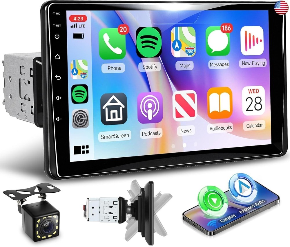 Single Din Car Stereo with Wireless A-pple Carplay Android Auto, 9″ IPS