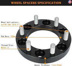 BRTEC 1in 6×5.5 Wheel Spacers, 2pcs 6×139.7 M14x1.5 Studs 108mm Center Bore