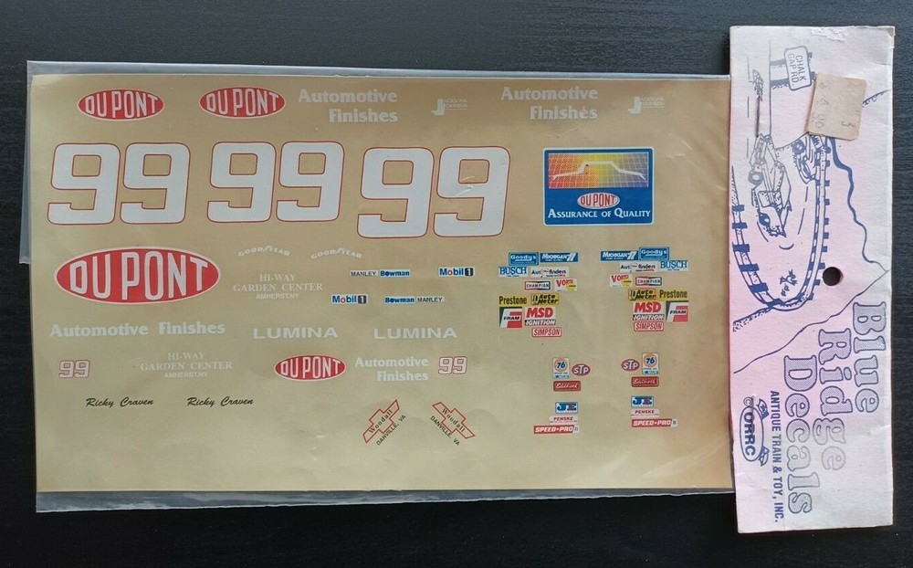 BLUE RIDGE DECALS 1/25 NASCAR Car #99 Dupont Chevy Lumina Decals