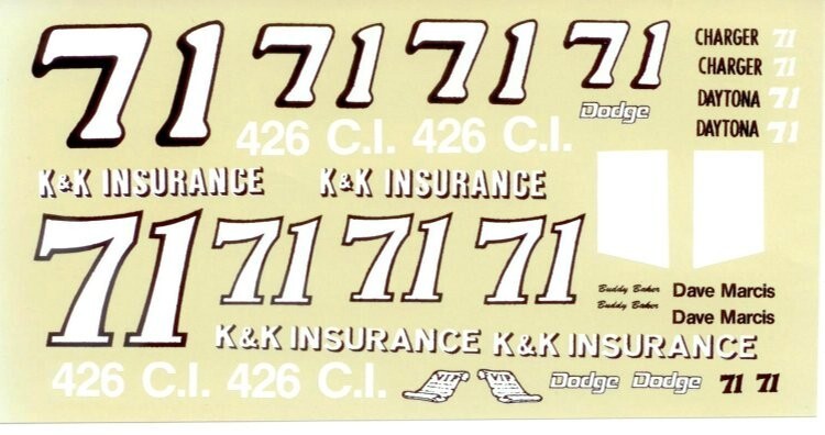 JNJ #71 K&K Insurance 1969 Bobby Issac/Dave Marcis 1/25 Nascar decal