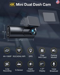 GKU Dash Cam Front and Rear Camera,4K+1080P, 5.8GHz WiFi & GPS Dash Camera