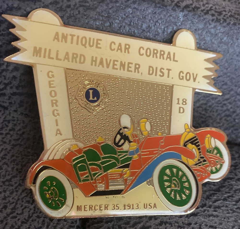 1913 MERCER RACEABOUT TYPE 35 CAR 2.5″ jacket lapel pin LARGE ANTIQUE Lions Club