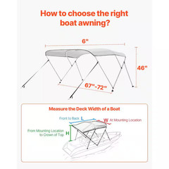 3 Bow Boat Bimini Tops, Durable 600 D Polyester Cover, Water-Resistant Sunshade