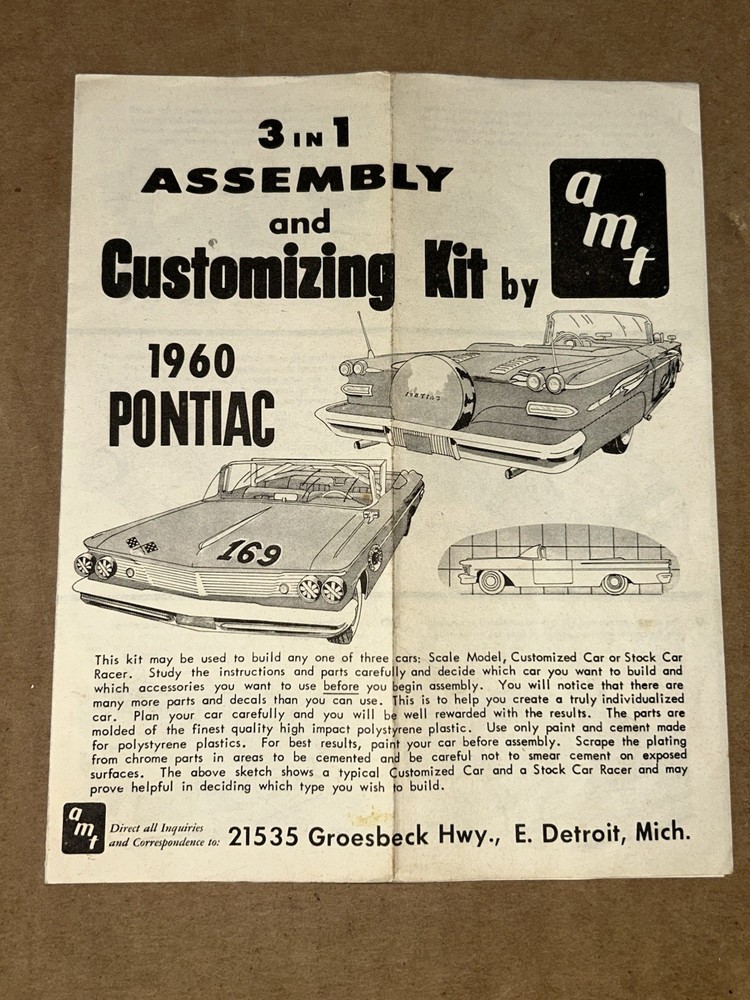 1960’s AMT 1960 Pontiac 3-in-1 Customizable Model Kit Instructions Sheet